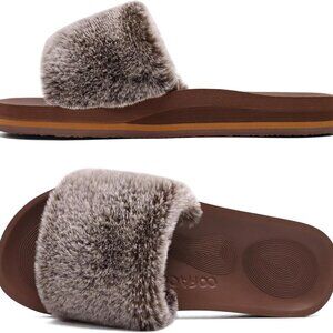 Womens Slides Fuzzy Slippers Open Toe Fluff Slippers With Arch Support Plantar F